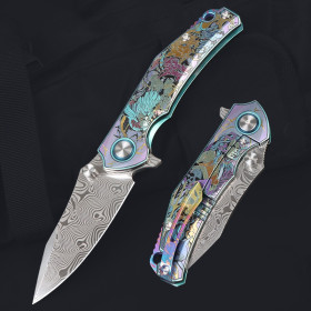 RWL34+PMC27 Carved Laolang Titanium Handle Pocket Knife Gift Knife Folding Knife UD408838